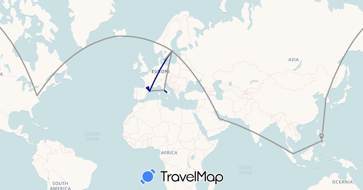 TravelMap itinerary: driving, plane, train in Andorra, Denmark, Spain, France, Iceland, Italy, South Korea, Philippines, Qatar, Sweden, Singapore, United States (Asia, Europe, North America)